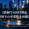 夜景を背景に上昇する株価チャートを表示したノートパソコンと、「2銘柄で600円利益、損切りの重要性を再確認」の文字を配置した2022年2月10日の収支報告アイキャッチ画像