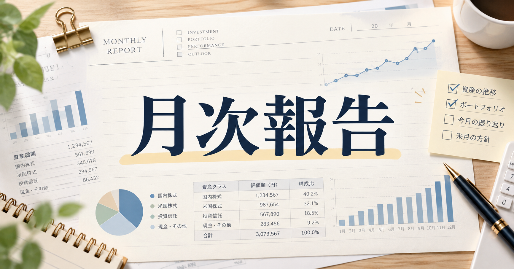 月次報告の文字を中央に配置した、グラフや表が描かれた投資レポートのイメージ画像
