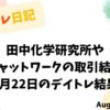 8月22日のデイトレ結果を記録したタイトル画像。田中化学研究所やチャットワークの取引内容を示す水彩風デザイン。