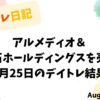 8月25日のデイトレ結果を記録したパステル調のグラフィック画像。アルメディオと住石ホールディングスの売却を示す。