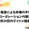 8月29日のデイトレ結果をまとめたアイキャッチ画像。パウエル発言による市場の不安定化とフジタコーポレーションの取引内容を記載。