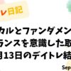 デイトレ日記のアイキャッチ画像。テクニカルとファンダメンタルのバランスを意識した9月13日の取引結果を示すタイトルデザイン。