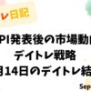 デイトレ日記のアイキャッチ画像。米CPI発表後の市場動向とデイトレ戦略をテーマにした9月14日の取引結果タイトルデザイン。