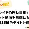 デイトレ日記のアイキャッチ画像。プレイドの押し目狙いとイベント動向を意識した9月15日の取引結果を示すタイトルデザイン。