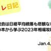 水彩画風の優しいフレーム装飾が施された、2023年1月4日の記事タイトル「大発会は日経平均続落も悲観なし！猫組長の本から学ぶ2023年相場攻略と目標」のアイキャッチ画像