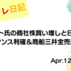 水彩画風の優しいフレーム装飾が施された、2023年4月12日の記事タイトル「【収支報告】バフェット氏の商社株買い増しと日経続伸！フォトシンス利確＆商船三井全売却の決断｜4月12日のデイトレ結果」のアイキャッチ画像