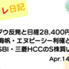 水彩画風の優しいフレーム装飾が施された、2023年4月14日の記事タイトル「【収支報告】NYダウ反発と日経28,400円台！海帆・エヌピーシー利確と住信SBI・三菱HCCのS株買い増し｜4月14日のデイトレ結果」のアイキャッチ画像