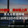 夕暮れの窓辺に並ぶ複数のモニターに株価チャートが表示されたトレーディング環境。画面上には「米中緩和と素材株上昇が支える堅調相場｜10月22日の投資記録」の日本語タイトルが重ねられている。