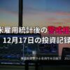 マルチモニターに映し出された金融チャートと夕暮れの窓辺、投資記録を示す日本語テキスト入りのトレーディング風景