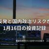 夕暮れの窓辺に並ぶ複数モニターが、米国市場の反発と国内政治リスクを示すチャートを映し出している投資デスクの様子