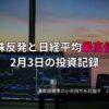 複数のモニターに株価チャートと市場データが表示されたトレーディングデスク。窓の外には夕焼けが広がり、投資記録を示す日本語テキストが重ねられている。