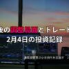 夕焼けの差し込む部屋で複数のモニターに株価チャートやトレード画面が表示されている投資作業風景。画面上には「急騰後の調整局面とトレード内容」などの日本語テキストが重ねられている。