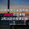 夕暮れの窓辺に並ぶ複数のモニターに米国株と日本株のチャートが表示されているトレーディングデスクの写真