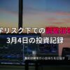 複数モニターに株価チャートが映る投資環境の写真。地政学リスク下で調整相場に対応した3月4日の投資記録をまとめたアイキャッチ画像。