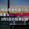 複数モニターに株価チャートが映る投資環境の写真。相場が反発する局面で慎重に買い増し判断を行った3月5日の投資記録をまとめたアイキャッチ画像。