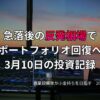 複数モニターに株価チャートが映る投資環境の写真。急落後の反発相場でポートフォリオ回復を目指した3月10日の投資記録をまとめたアイキャッチ画像。