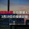 複数モニターに株価チャートが映る投資環境の写真。日経平均が急落し、日銀が据え置きを発表した3月19日の投資記録をまとめたアイキャッチ画像。