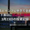 複数モニターに株価チャートが映る投資環境の写真。原油高とインフレ懸念で全面安となった相場で、下落日に仕込んだ銘柄を振り返る3月23日の投資記録を示すアイキャッチ画像。