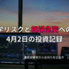 複数モニターに株価チャートが映る投資環境の写真。地政学リスクと相場急変への対応をテーマにした4月2日の投資記録を示すアイキャッチ画像。