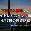 複数モニターに株価チャートが映る投資環境の写真。不安定な相場でのデイトレとスイング戦略をまとめた4月7日の投資記録を示すアイキャッチ画像。