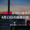 複数モニターに株価チャートが映る投資環境の写真。地合いが反落する中で個別銘柄の強弱が分かれた4月13日の投資記録を示すアイキャッチ画像。