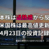複数モニターに株価チャートが映る投資環境の写真。日本株が過熱感から反落する一方、米国株が最高値を更新した4月23日の投資記録を示すアイキャッチ画像。