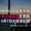 複数モニターに株価チャートが映る投資環境の写真。連休明けの日本市場が史上最高値を更新した5月7日の投資記録を示すアイキャッチ画像。