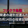 複数モニターに株価チャートが映る投資環境の写真。フジクラが急落し、AI関連銘柄の選別が進んだ5月14日の投資記録を示すアイキャッチ画像。