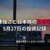 複数モニターに株価チャートが映る投資環境の写真。AI関連が強さを見せる一方、日本株には高値警戒感が漂った5月27日の投資記録を示すアイキャッチ画像。
