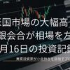 ローソク足チャートが映るモニターのクローズアップ画像。米国市場の大幅高と日銀会合が相場を左右した6月16日の投資記録を示すアイキャッチ画像。