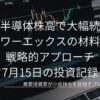 薄暗い中でパソコンの画面に表示された右肩上がりのローソク足チャートを背景に、日米半導体株高で大幅続伸！パワーエックスの材料株戦略的アプローチというタイトルと、2026.7.15という日付が配置されたブログのアイキャッチ画像です。