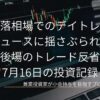 パソコンのキーボードと複雑に変動するローソク足チャートの画面を背景に、大幅下落相場でのデイトレ実践とニュースに揺さぶられた後場のトレード反省というタイトルと、2026年7月16日の投資記録という日付が紫色の枠線の中に配置されたブログのアイキャッチ画像です。