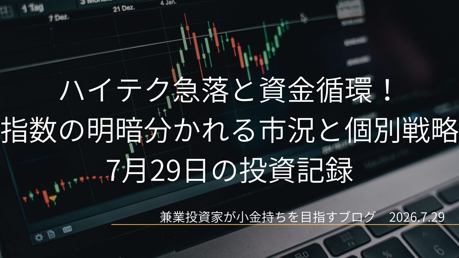 株価のローソク足チャートが表示されたノートパソコンの画面を背景に、「ハイテク急落と資金循環！指数の明暗分かれる市況と個別戦略 7月29日の投資記録」という白い文字のタイトルが中央に配置されたアイキャッチ画像です。