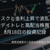 ノートパソコンの画面に表示されたローソク足の株価チャートを背景にした、8月18日の投資記録「地政学リスクと金利上昇で波乱の相場！半導体デイトレと高配当株買い増し」のアイキャッチ画像