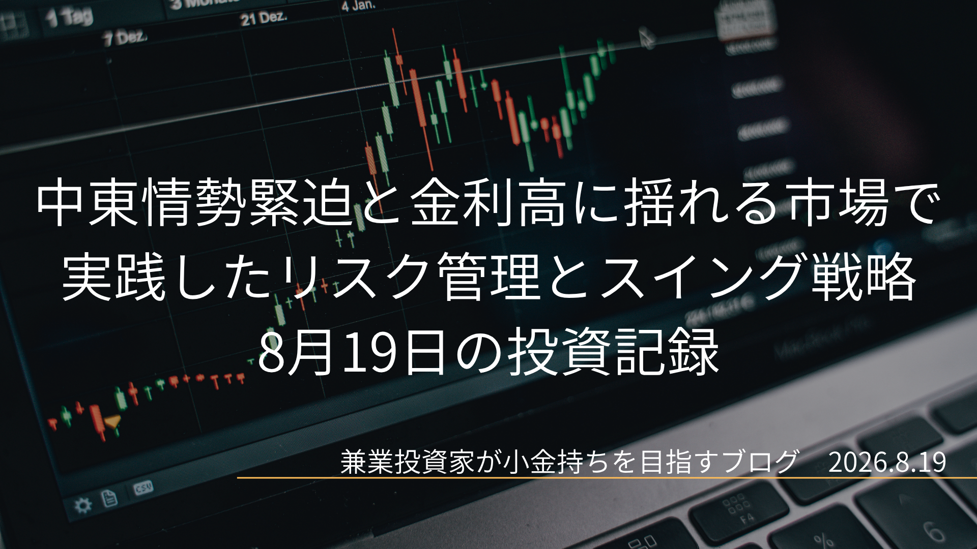 パソコン画面に表示されたローソク足チャートを背景に、「中東情勢緊迫と金利高に揺れる市場で実践したリスク管理とスイング戦略 8月19日の投資記録」と記されたブログのアイキャッチ画像