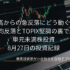 ノートパソコンに表示された株価チャート画面を背景に、「朝高からの急反落にどう動く？日経平均反落とTOPIX堅調の裏で進めた単元未満株投資 8月27日の投資記録」と記されたアイキャッチ画像