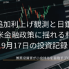 株価チャートを映した暗色のモニターを背景に、FRB追加利上げ観測と日銀会合 日米金融政策に揺れる相場と2026年9月17日の日付を配置した投資ブログのアイキャッチ画像です。