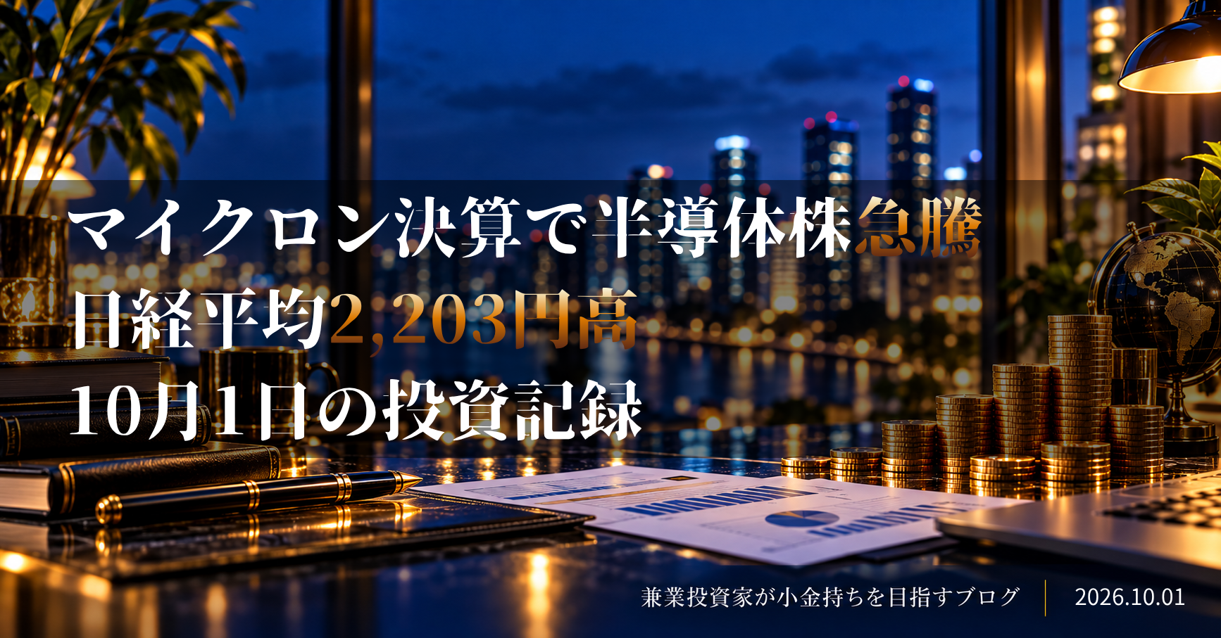 上昇チャートと金貨で資産形成を表現した投資デスクのイメージ｜マイクロン決算で半導体株急騰、日経平均2,203円高