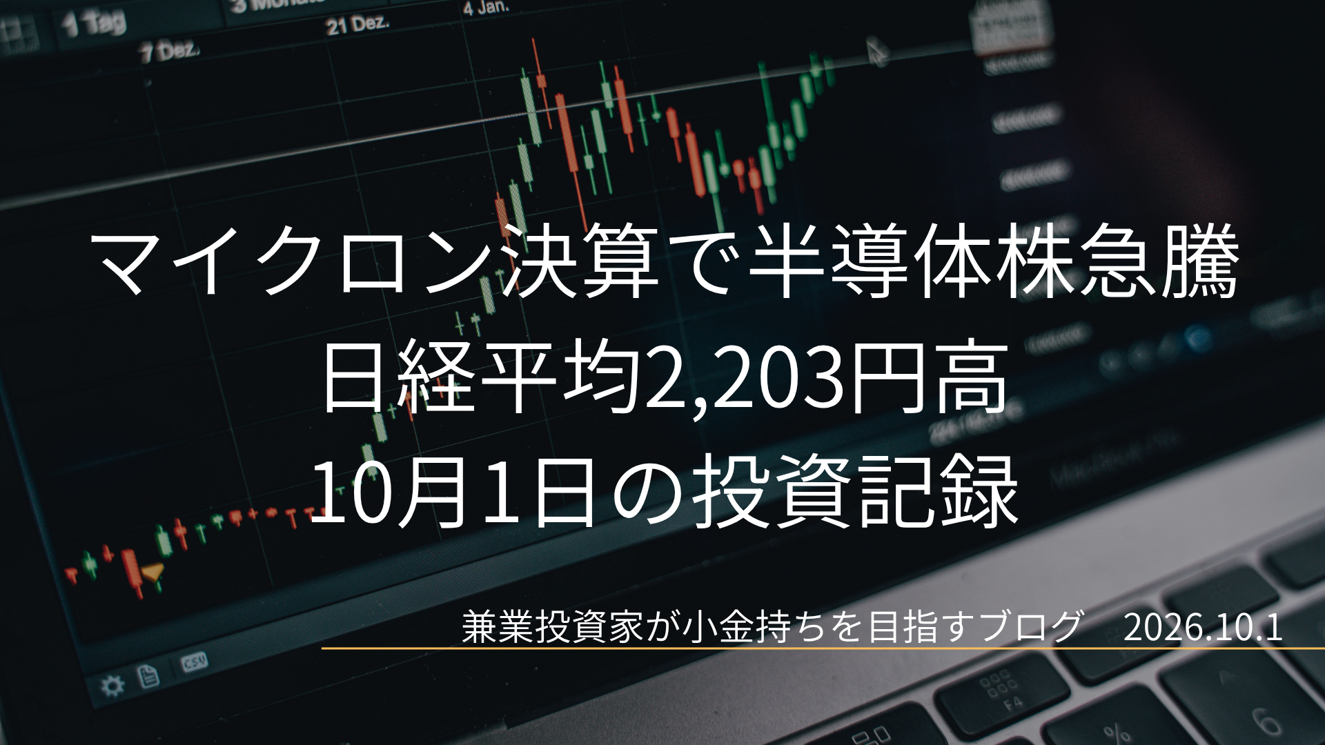 上昇するローソク足チャートを映した暗色の株価画面を背景に、「マイクロン決算で半導体株急騰 日経平均2,203円高」と表示された投資記録のアイキャッチ画像です。