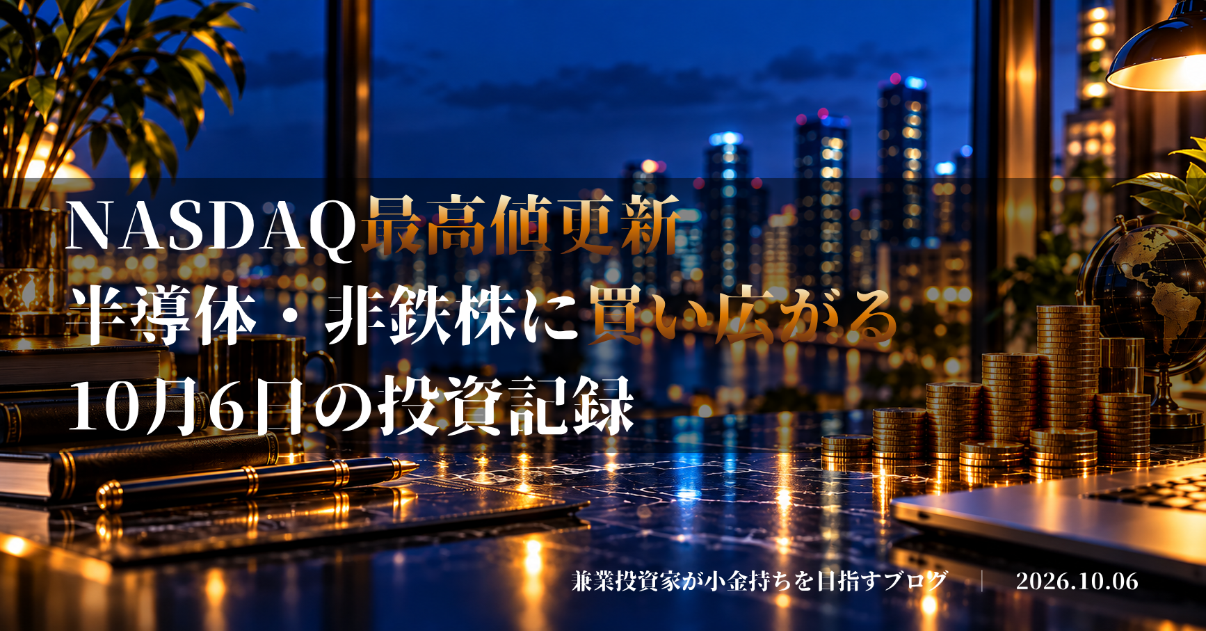 上昇チャートと金貨で資産形成を表現した投資デスクのイメージ｜NASDAQ最高値更新、半導体・非鉄株に買い広がる
