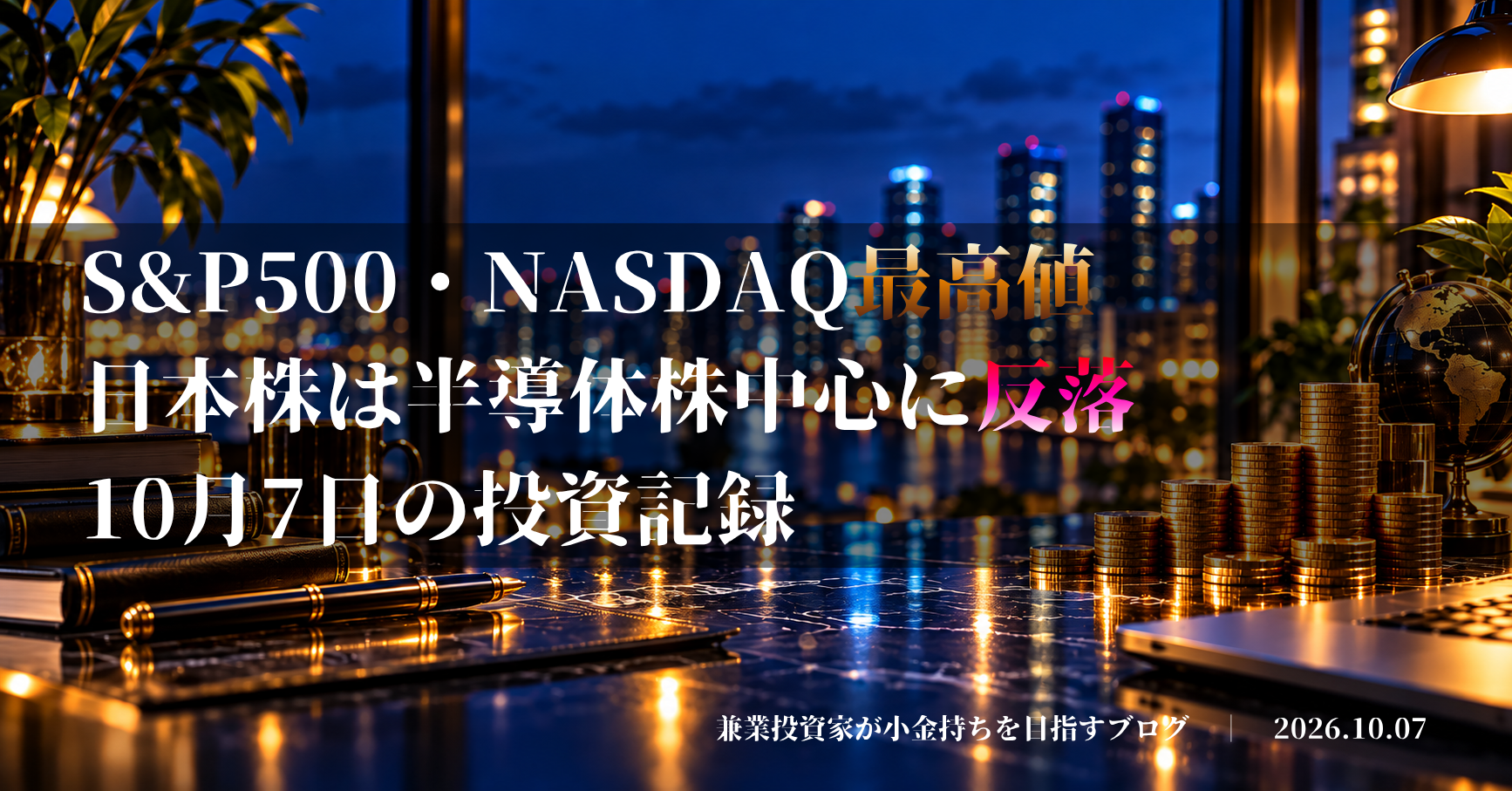 金貨で資産形成を表現した投資デスクのイメージ|S&P500・NASDAQ最高値、日本株は半導体株中心に反落