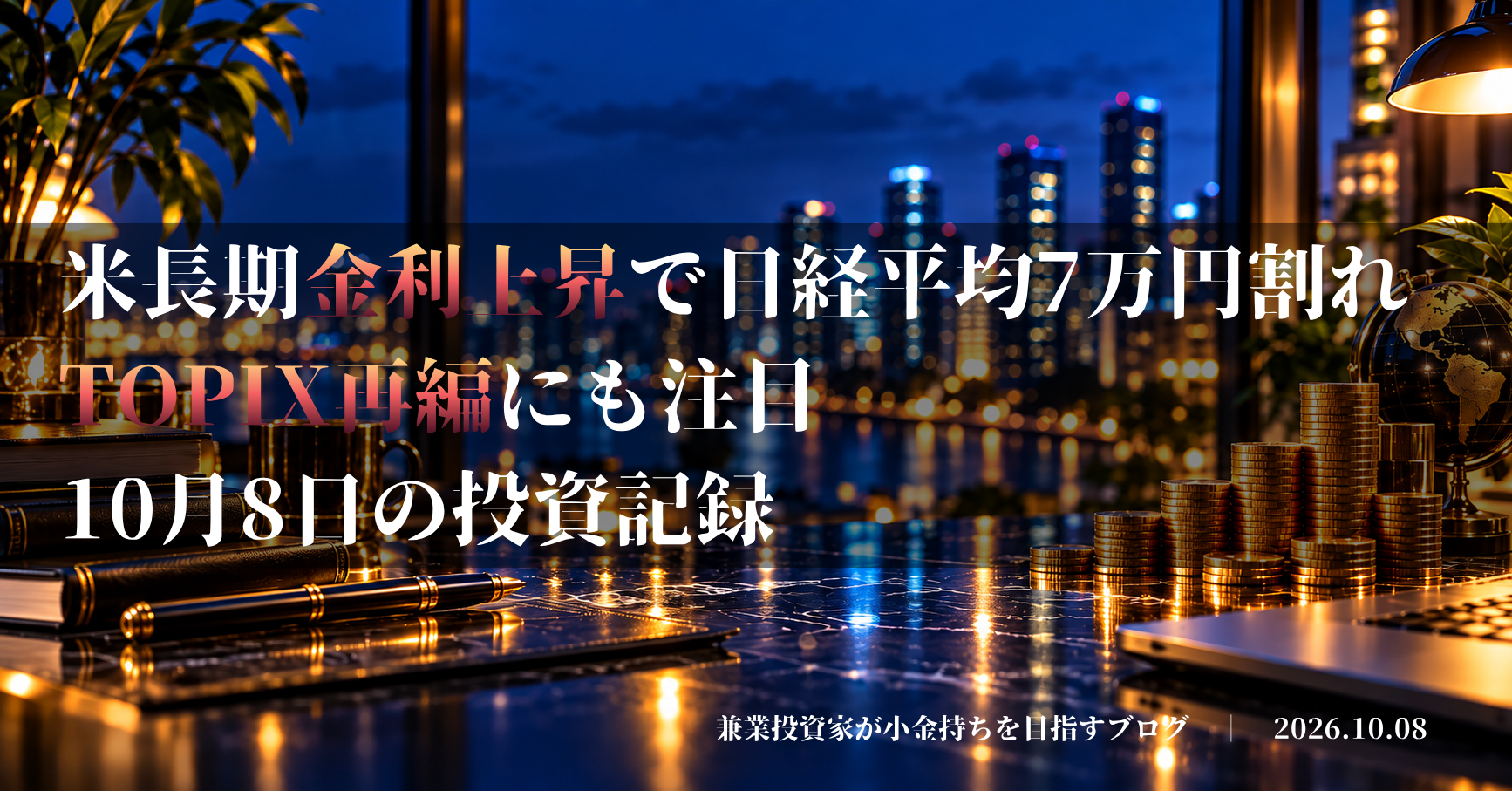 金貨で資産形成を表現した投資デスクのイメージ|米長期金利上昇で日経平均7万円割れ、TOPIX再編にも注目