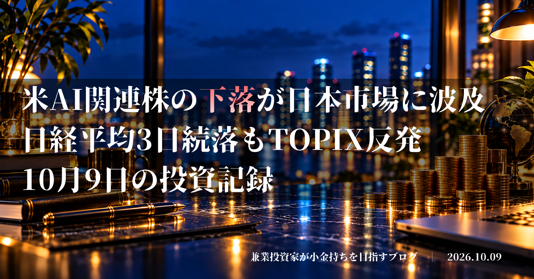 金貨で資産形成を表現した投資デスクのイメージ|米AI関連株の下落が日本市場に波及、日経平均3日続落もTOPIX反発