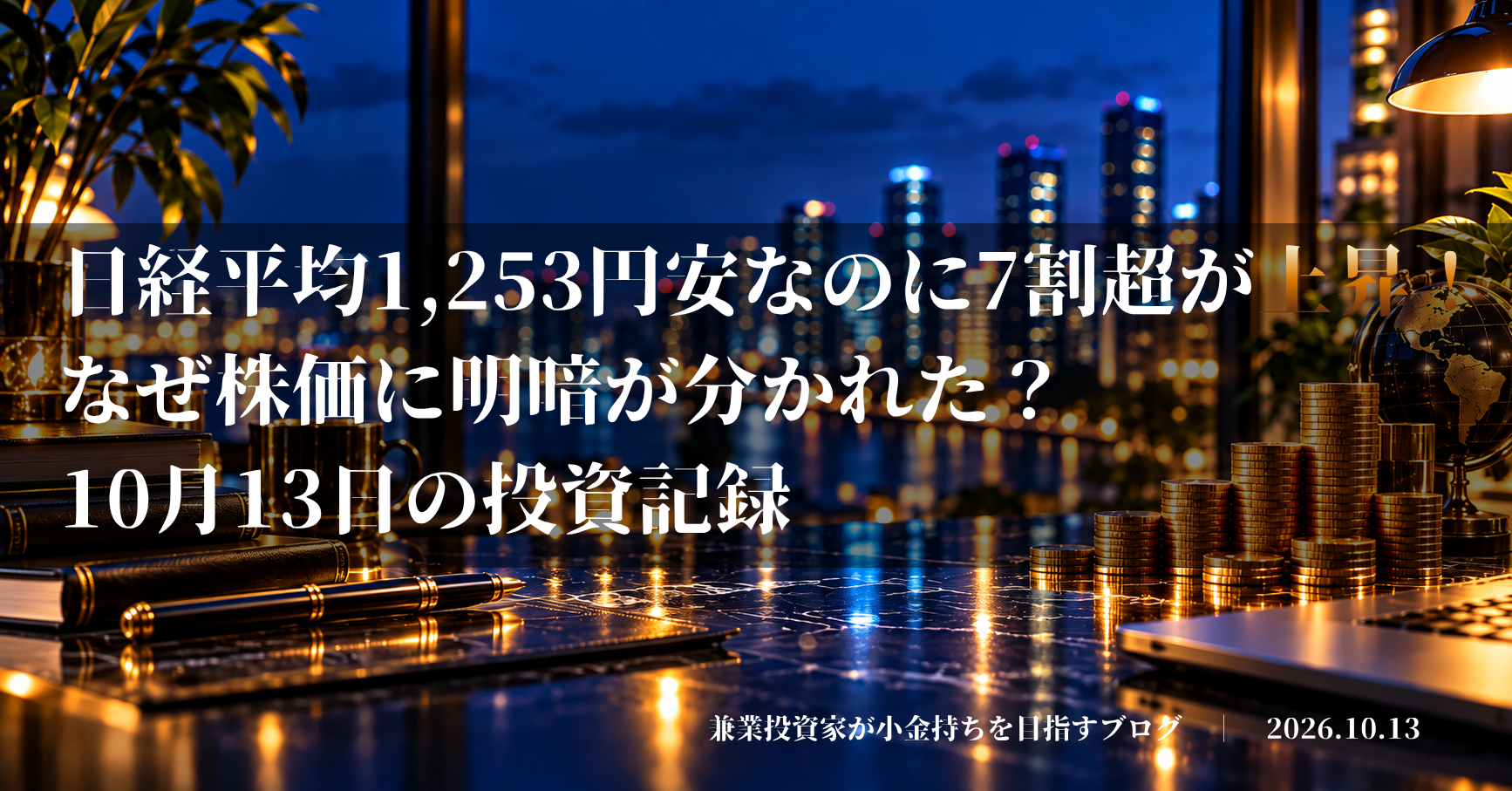 金貨を積み上げた背景に「日経平均1253円安なのに7割超が上昇!なぜ株価に明暗が分かれた?」と表示した投資記録のアイキャッチ画像