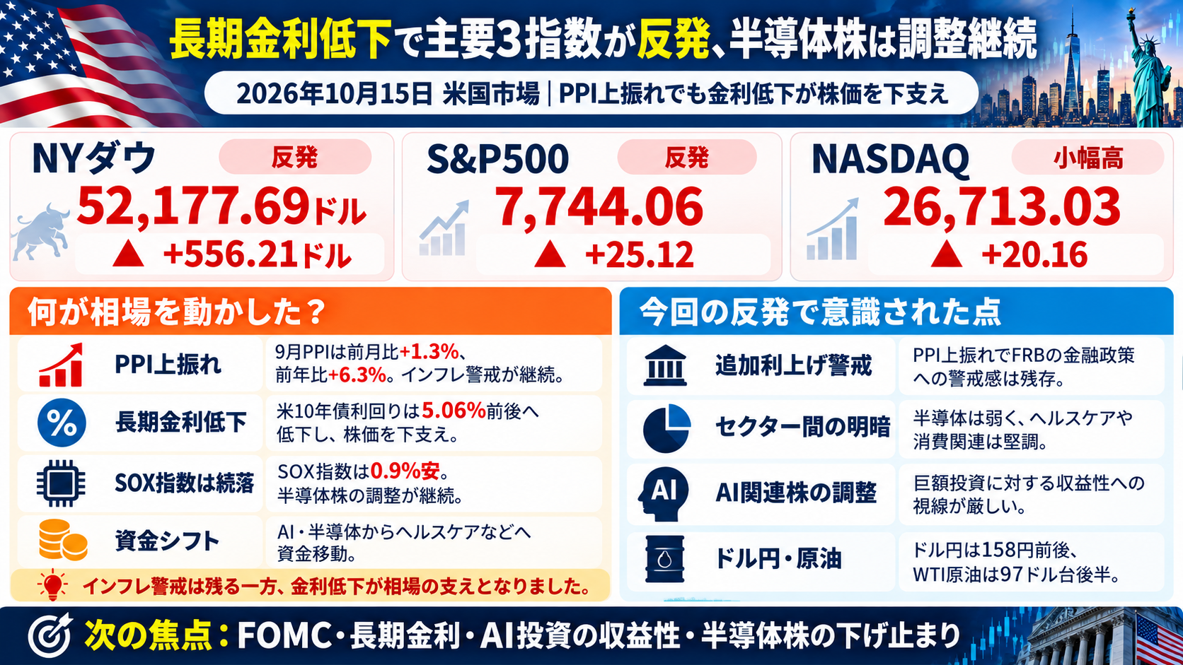 2026年10月15日の米国市場｜NYダウ556ドル高、長期金利低下と半導体株の調整をまとめた図解