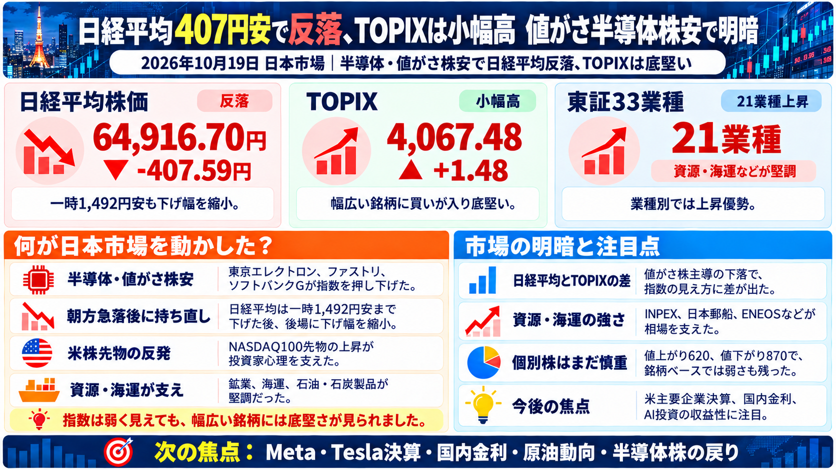 2026年10月19日の日本市場まとめ。日経平均は407円安で反落、TOPIXは小幅高となった相場の明暗を整理した図解。
