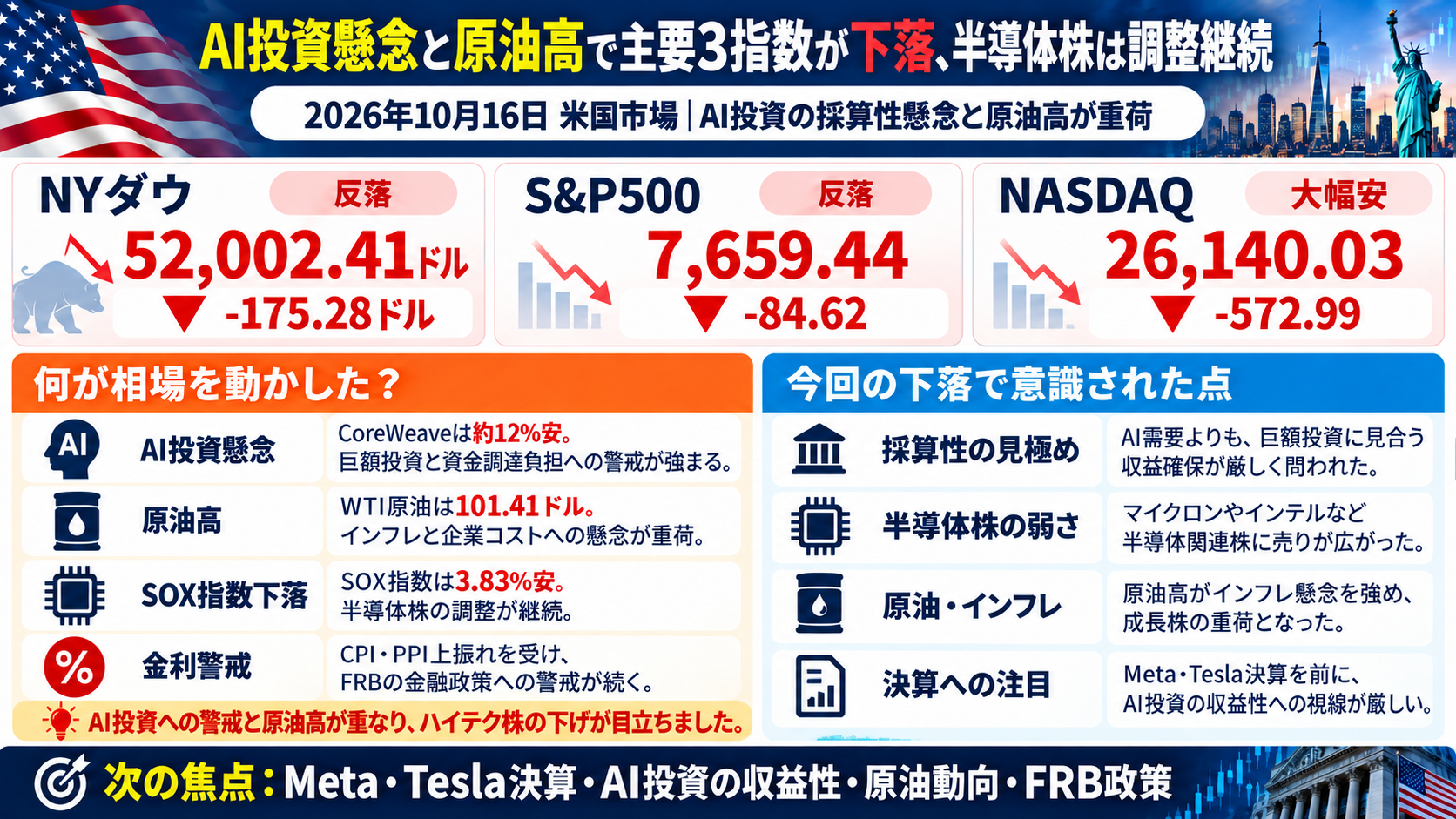 2026年10月16日の米国市場まとめ。AI投資懸念と原油高でNYダウ、S&P500、NASDAQが下落したことを整理した図解。