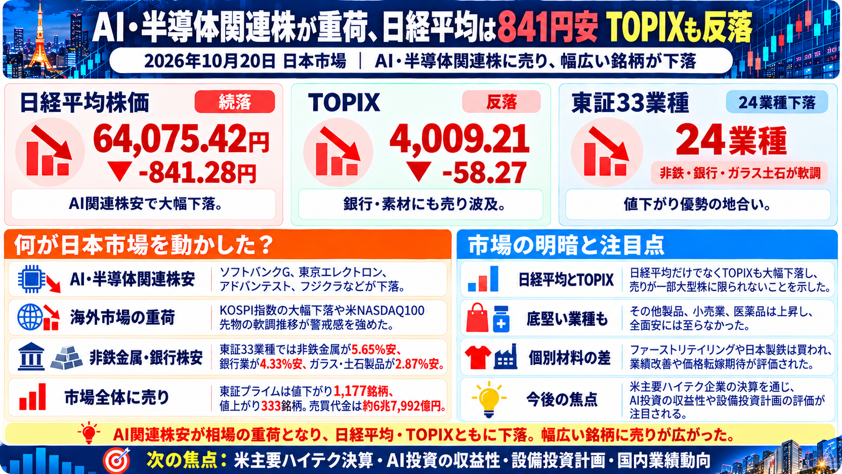 2026年10月20日の日本市場まとめ。日経平均は841.28円安、TOPIXは58.27ポイント安。AI・半導体関連株の下落と幅広い業種への売りを図解。