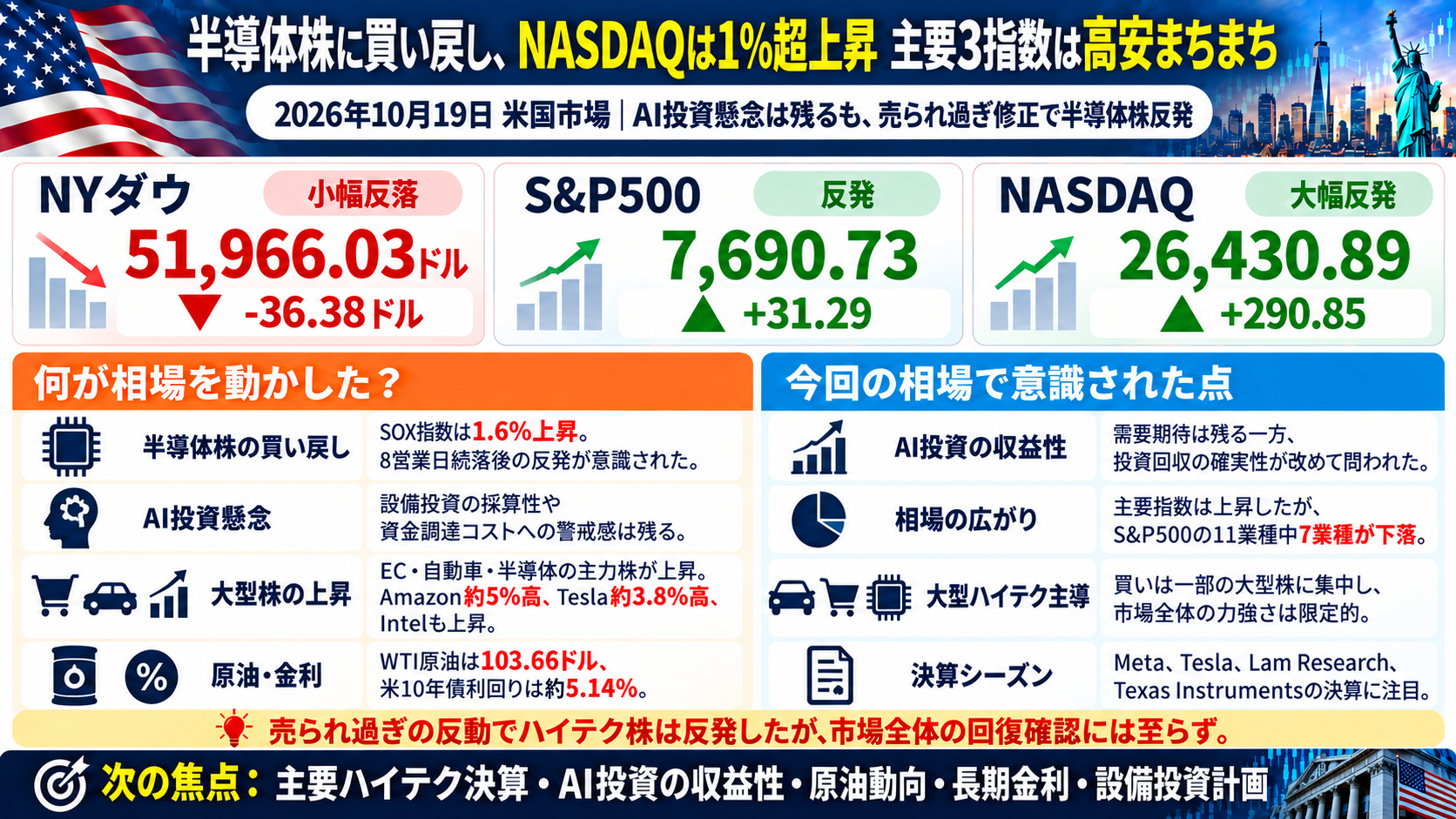 2026年10月19日の米国市場まとめ。NYダウは小幅安、NASDAQとS&P500は上昇。半導体株の買い戻しやAI投資懸念を図解。
