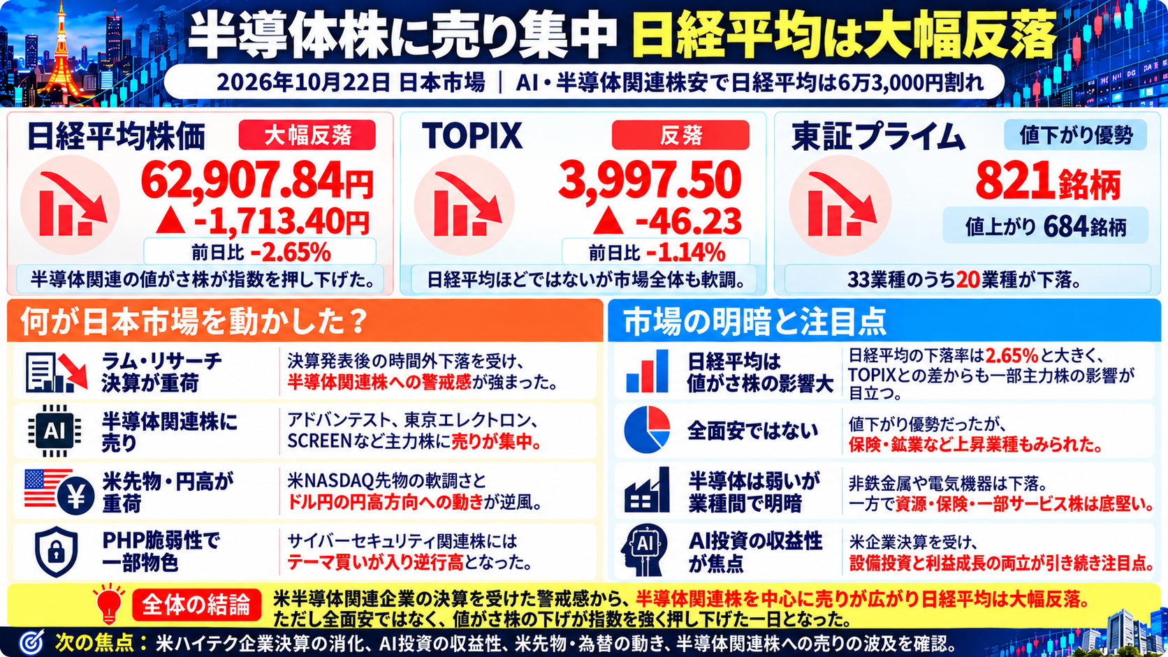 2026年10月22日の日本市場まとめ。日経平均は1,713.40円安の62,907.84円となり、半導体関連株の急落や業種別の明暗を示した図解。